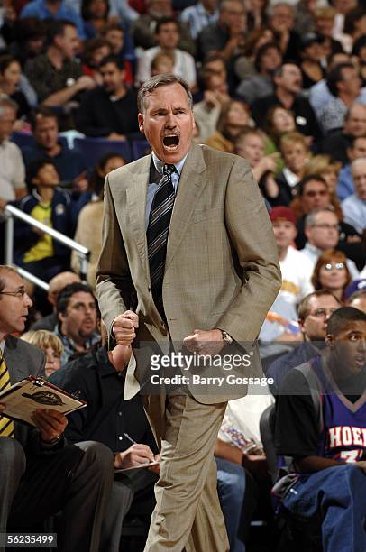 Phoenix Suns head coach Mike D'Antoni is fired up over a call in an NBA game against the Utah Jazz played on November 18 at America West Arena in...