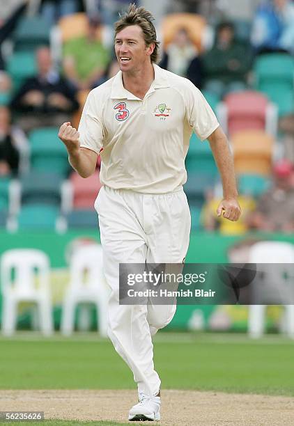 Glenn McGrath of Australia celebrates the wicket of Devon Smith of the West Indies during day three of the Second Test between Australia and the West...