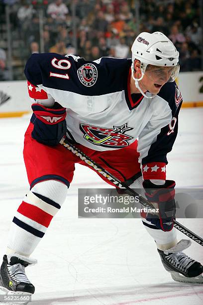 Center Sergei Fedorov of the Columbus Blue Jackets waits for a face-off in the game against the Dallas Stars on November 18, 2005 at American...