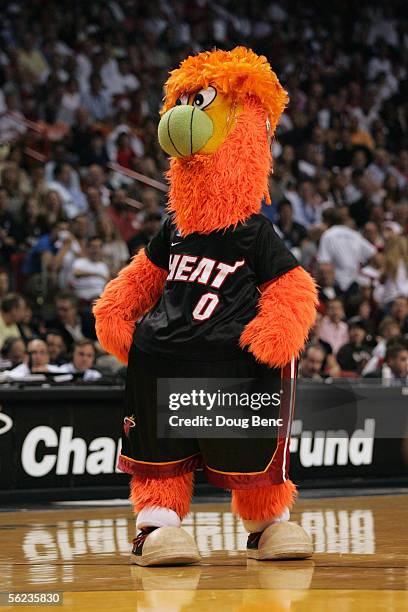 Burnie, the Miami Heat mascot entertains the fans during a game between the Indiana Pacers and the Miami Heat at American Airlines Arena November 3,...