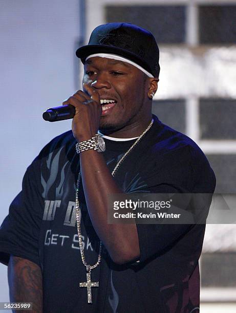 Rapper/actor 50 Cent performs onstage at the Spike TV "Video Game Awards 2005" at the Gibson Amphitheater on November 18, 2005 in Universal City,...