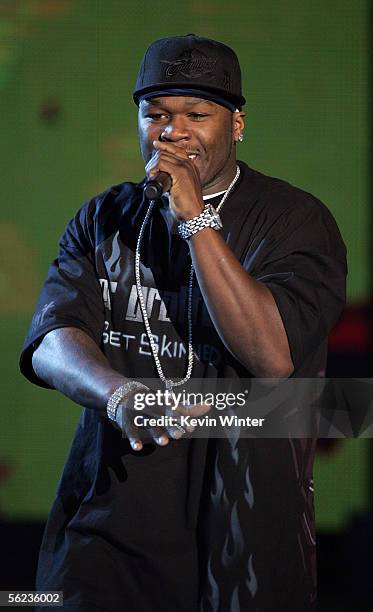 Rapper/actor 50 Cent performs onstage at the Spike TV "Video Game Awards 2005" at the Gibson Amphitheater on November 18, 2005 in Universal City,...