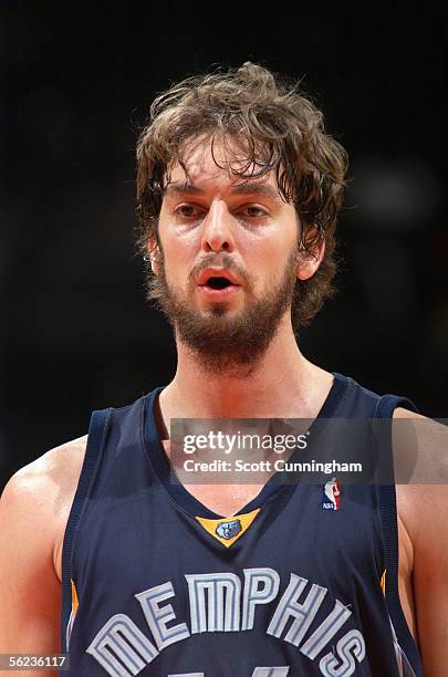 Pau Gasol of the Memphis Grizzlies looks on during a game against the Atlanta Hawks at Philips Arena on November 12, 2005 in Atlanta, Georgia. The...