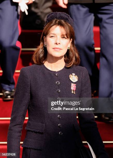 Princess Caroline of Monaco leaves Monaco Cathedral as part of Monaco's National Day celebrations which this year doubles as Prince Albert II of...