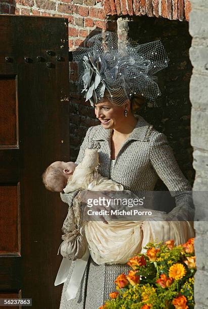 Dutch Princess Maxima holding Princess Alexia leaves after the baptism of Alexia on November 19, 2005 in Wassenaar, The Netherlands. The second...