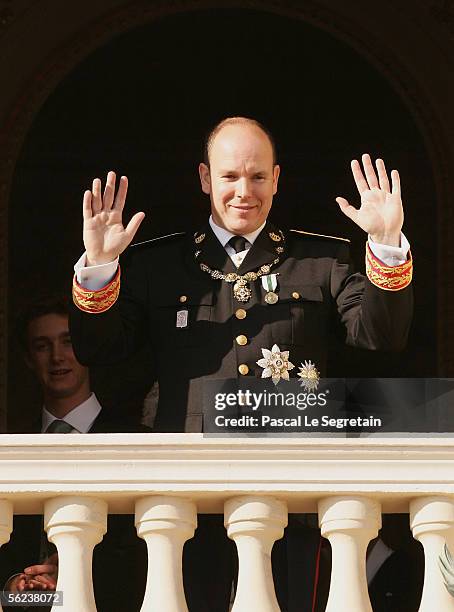 Prince Albert II of Monaco waves to the crowd during the Monaco's National Day celebrations which this year doubles as Prince Albert II of Monaco...