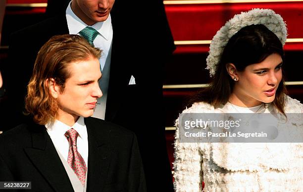 Andrea Casiraghi and Charlotte Casiraghi leave the Cathedral after Mass as part of Monaco's National Day celebrations which this year doubles as...