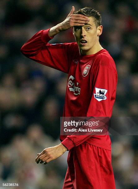 Peter Crouch of Liverpool reatcs during the Barclays Premiership match between Liverpool and Portsmouth at Anfield on November 19, 2005 in Liverpool,...