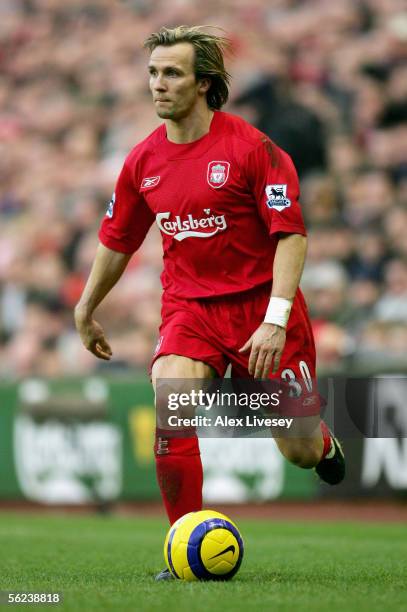 Boudewijn Zenden of Liverpool in action during the Barclays Premiership match between Liverpool and Portsmouth at Anfield on November 19, 2005 in...