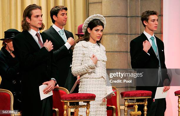 Andrea Casiraghi, Charlotte Casiraghi and Pierre Casiraghi attend Mass in the Cathedral during Monaco's National Day celebrations which this year...