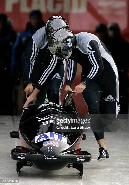 Driver Todd Hays and brakeman Pavle Jovanovic of the USA, who finished in third place, at the start of heat 1 of the FIBT Men's Two-Man Bobsled World...