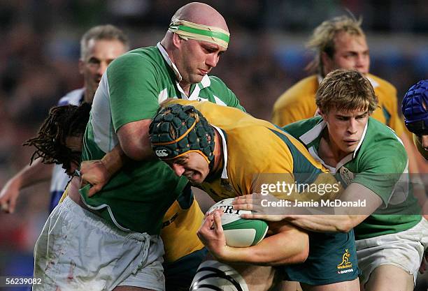 Mark Chisholm of Australia is tackled by John Hayes and Andrew Trimble of Ireland during the International Rugby match between Ireland and Australia...