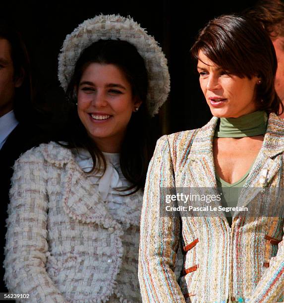 Charlotte Casiraghi and Princess Stephanie of Monaco watch the Military Parade as part of Monaco's National Day celebrations which this year double...