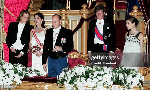 In this handout picture released by Centre de Presse of Monaco, Andrea Casiraghi, Princess Caroline of Hanover, Prince Albert II of Monaco, Prince...