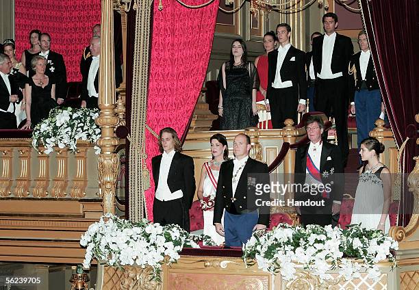In this handout picture released by Centre de Presse of Monaco, Andrea Casiraghi, Princess Caroline of Hanover, Prince Albert II of Monaco, Prince...