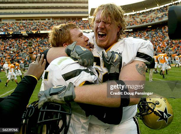 Ben Koger and Ryan King of the Vanderbilt Commodores celebrate after the Commodores defeated the Tennessee Volunteers 28-24 on November 19, 2005 at...