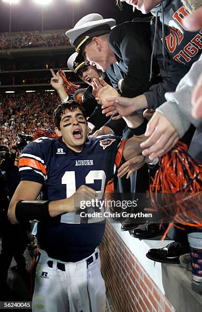 Quarterback Brandon Cox of Auburn University celebrates the win over the University of Alabama 28-18 on November 19, 2005 at Jordan-Hare Stadium in...