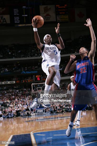 Josh Howard of the Dallas Mavericks heads to the hoop against the Detroit Pistons on November 19, 2005 at American Airlines Center in Dallas, Texas....