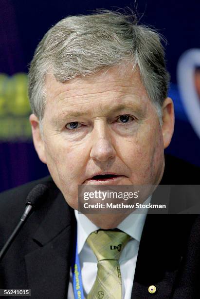 Australian Open Chairman Geoff Pollard fields questions from the media at at press conference to discuss the state of tennis during the Tennis...