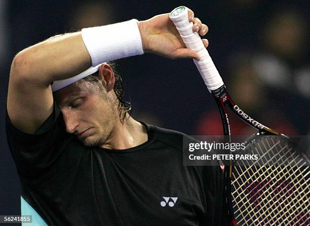 David Nalbandian of Argentina wipes his face after losing a point to Swiss world number one Roger Federer in the final of the Tennis Masters Cup in...
