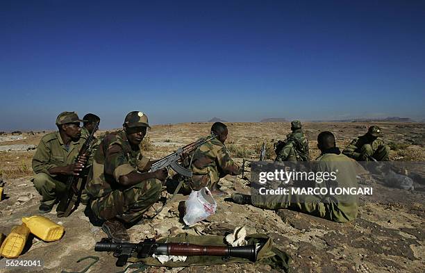 Ethiopian soldiers on duty at one of the observation posts that face the Temporary Security Zone and the Eritrean border in the northern town of Zala...