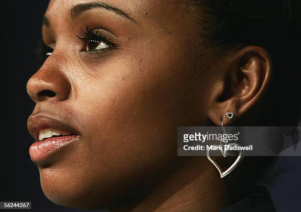 Daiane Dos Santos of Brazil speaks with media during the 2005 World Gymnastics Championships All-Stars press conference at Melbourne Park November...