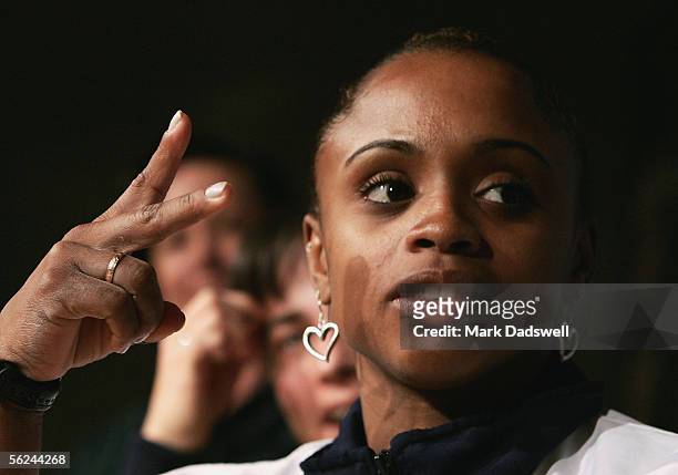 Daiane Dos Santos of Brazil speaks with media during the 2005 World Gymnastics Championships All-Stars press conference at Melbourne Park November...