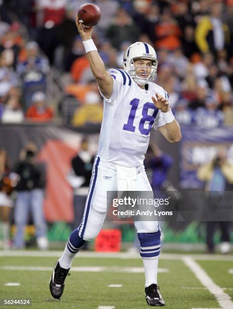 Peyton Manning of the Indianapolis Colts throws a pass against the Cincinnati Bengals during the NFL game at Paul Brown Stadium on November 20, 2005...