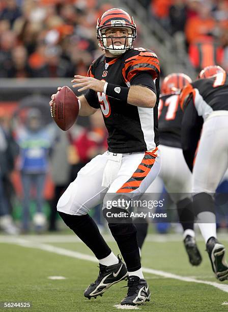 Carson Palmer of the Cincinnati Bengals looks to pass against the Indianapolis Colts during the NFL game at Paul Brown Stadium on November 20, 2005...