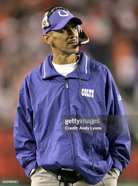 Head coach Tony Dungy of the Indianapolis Colts looks on from the sidelines during the NFL game against the Cincinnati Bengals at Paul Brown Stadium...