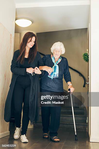 full length of young woman assisting grandmother to walk by steps - nonni bastone foto e immagini stock