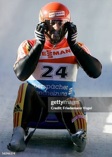 Georg Hackl of Germany reacts during the Viessmann Men Luge World Cup on November 20, 2005 in Cesana Pariol near Turin, Italy. The competition will...