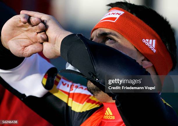 Georg Hackl of Germany reacts during the Viessmann Men Luge World Cup on November 20, 2005 in Cesana Pariol near Turin, Italy. The competition will...