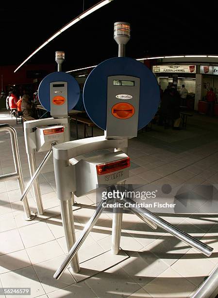 Ticket reader at the entrie of the Fritz-Walter Stadium is seen before the Bundesliga match between 1.FC Kaiserslautern and 1.FC Nuremberg at the...