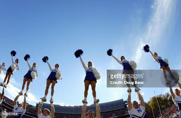 Wildcat cheerleaders perform in the second half as the Kentucky Wildcats were defeated by the Georgia Bulldogs at Sanford Stadium on November 19,...