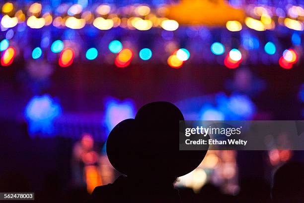 an audience member in a cowboy hat at the telluride bluegrass festival in telluride, colorado. - telluride - fotografias e filmes do acervo