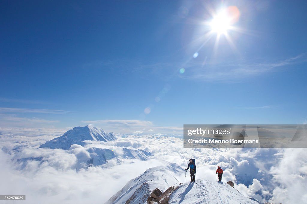 Two male climbers at the ridge between 14k and 17k camp on Mount McKinley, Alaska.