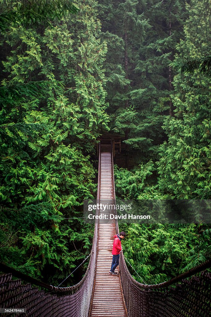 VANCOUVER, BRITISH COLUMBIA, CANADA. A man in a red coat and jeans stands in middle of a suspension bridge surrounded by large green trees.