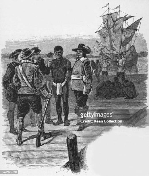 Engraving, titled 'Introduction of Slavery,' shows a group of well-dressed men as they stand on a dock and examine a slave dressed in a loincloth,...