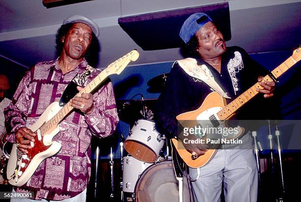 American Blues musicians Buddy Guy and Albert Collins perform on stage at Buddy Guys Legends nightclub, Chicago, Illinois, January 1985.
