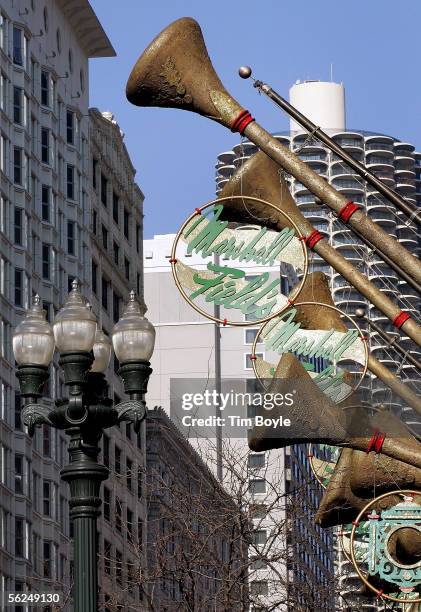 Holiday-decoration horns are seen outside Marshall Field's November 21, 2005 in Chicago, Illinois. Marshall Field's has rolled out its holiday...