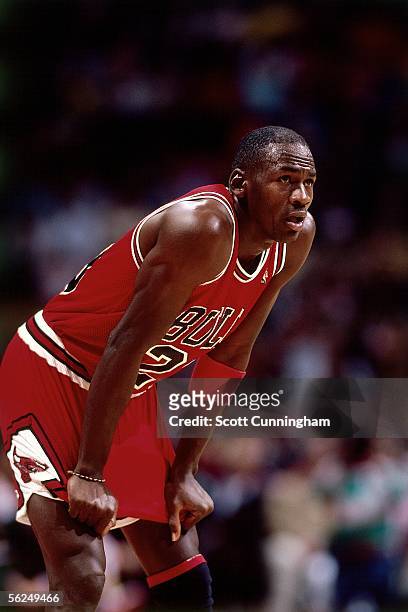 Michael Jordan of the Chicago Bulls catches his breath during a break in game action against the Atlanta Hawks during an NBA game at the Omni circa...