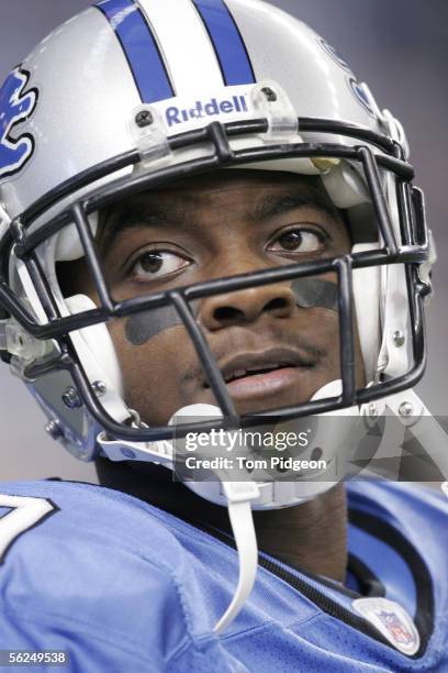 Wide receiver Charles Rogers of the Detroit Lions looks on against the Arizona Cardinals at Ford Field on November 13, 2005 in Detroit, Michigan. The...