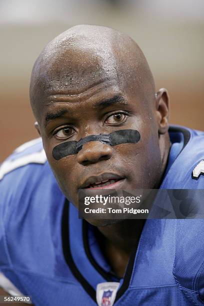 Wide receiver Roy Williams of the Detroit Lions looks on against the Arizona Cardinals at Ford Field on November 13, 2005 in Detroit, Michigan. The...