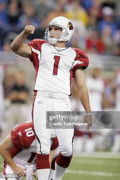 Kicker Neil Rackers of the Arizona Cardinals watches a field goal attempt against the Detroit Lions against the at Ford Field on November 13, 2005 in...