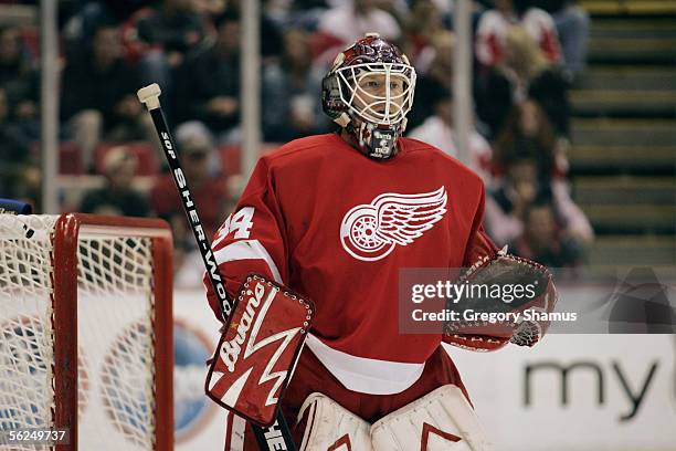 Manny Legace of the Detroit Red Wings get set to make a save against the Minnesota Wild during the NHL game on November 11, 2005 at Joe Louis Arena...