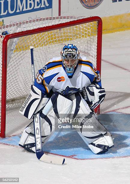 Chris Madden of the Bridgeport Sound Tigers stands in the crease during the game with the Norfolk Admirals November 2, 2005 in Bridgeport,...