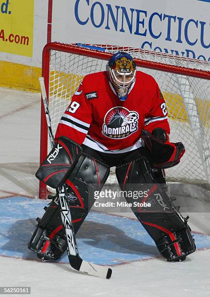 Corey Crawford of the Norfolk Admirals stands in the crease during the game with the Bridgeport Sound Tigers November 2, 2005 in Bridgeport,...