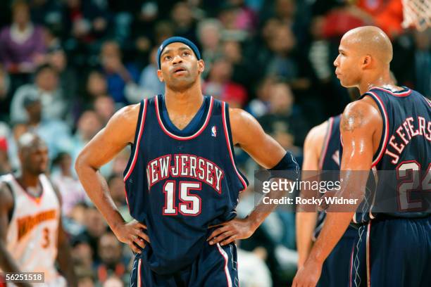 Vince Carter of the New Jersey Nets is seen during the game against the Golden State Warriors on November 21, 2005 at the Arena in Oakland,...