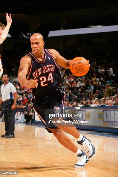 Richard Jefferson of the New Jersey Nets drives to the basket against the Golden State Warriors on November 21, 2005 at the Arena in Oakland,...